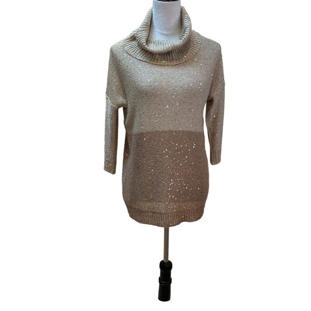 Belldini Gold Sequin Cowl Neck Tunic Sweater Womens Small Metallic Colorblock